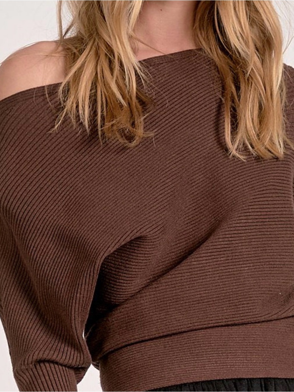 Elan Chocolate Brown Ribbed Asymmetrical Neck Sweater